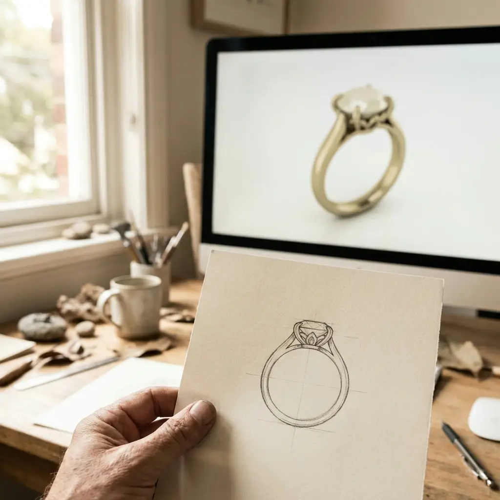 Ring CAD design on screen with a hand-drawn sketch beside it on the desk
