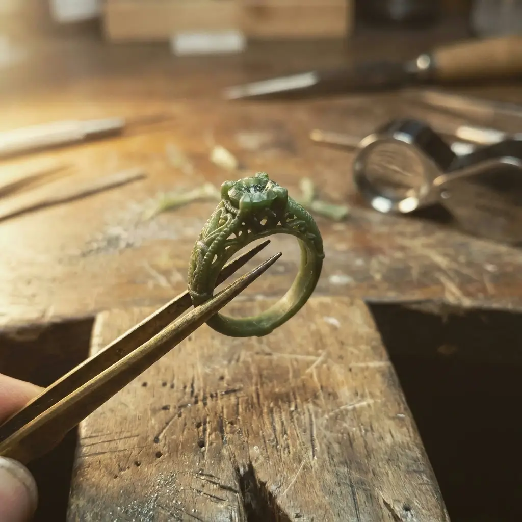 Wax model of a ring held in tweezers, photographed close up