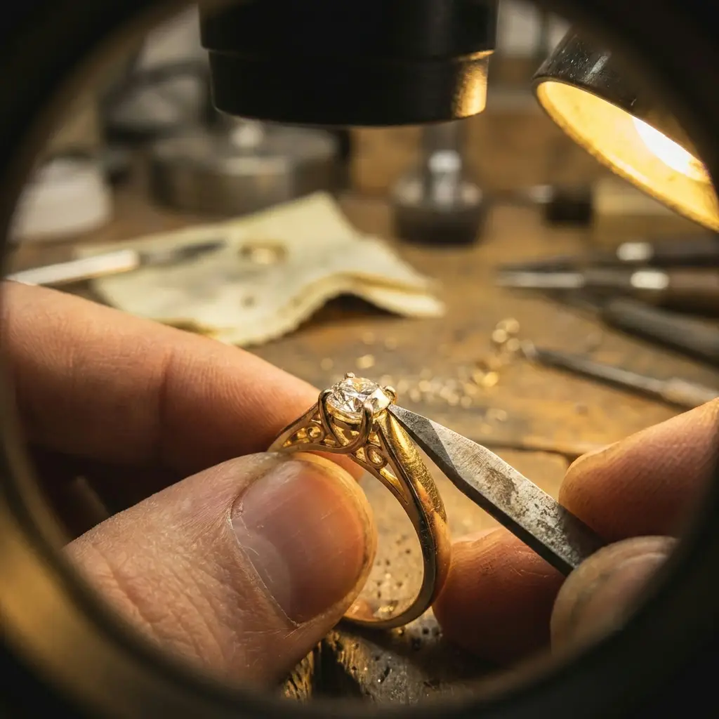 Stone being set under the microscope with a graver in hand