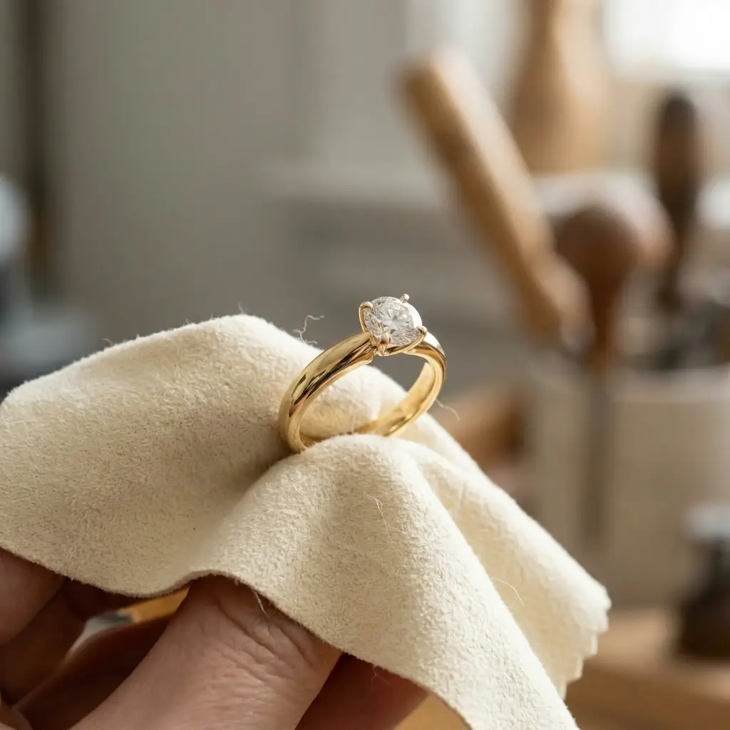Finished ring being polished at the wheel