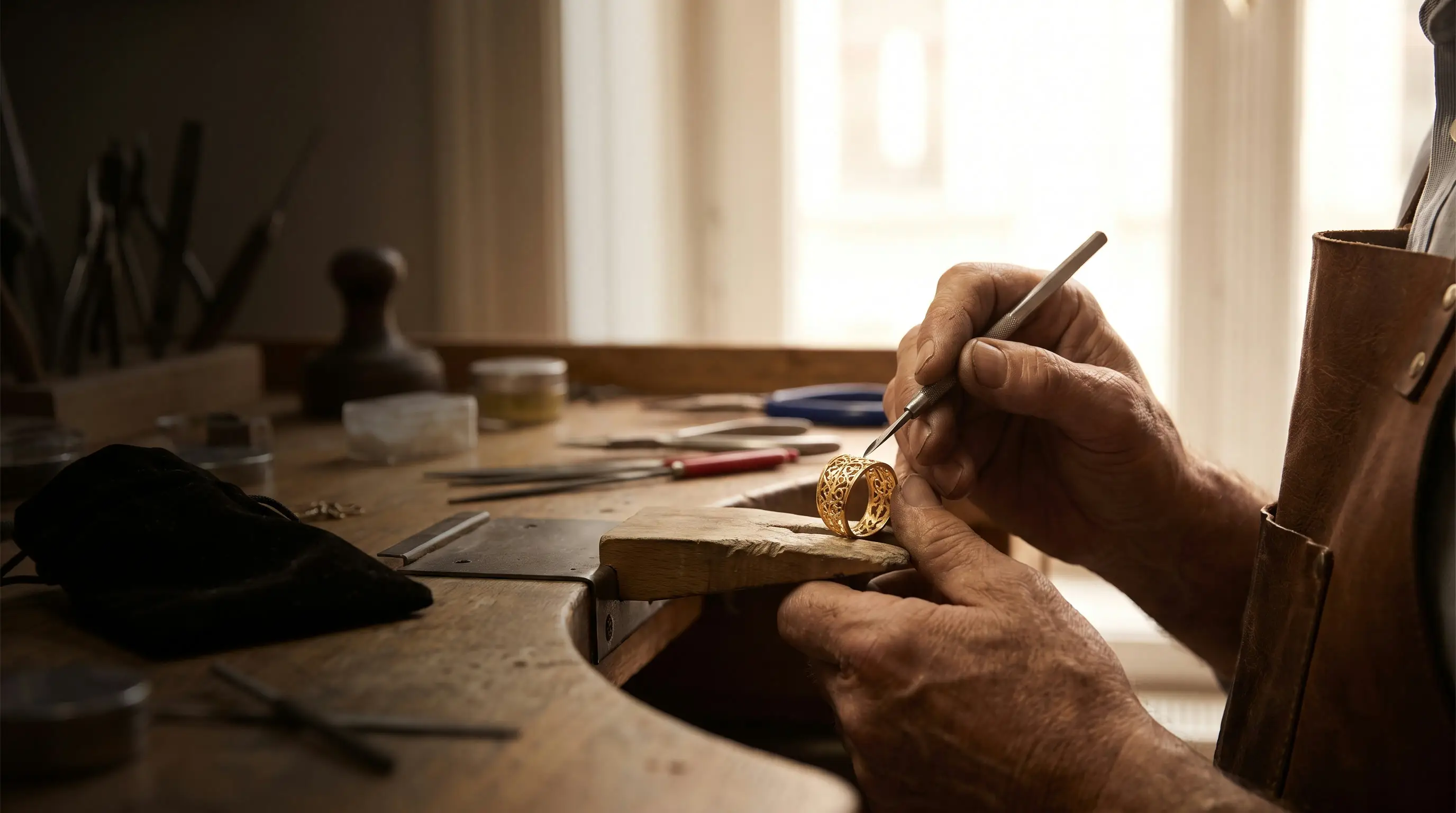 Jeweller working on a ring held in a clamp at the workbench, lit by warm window light