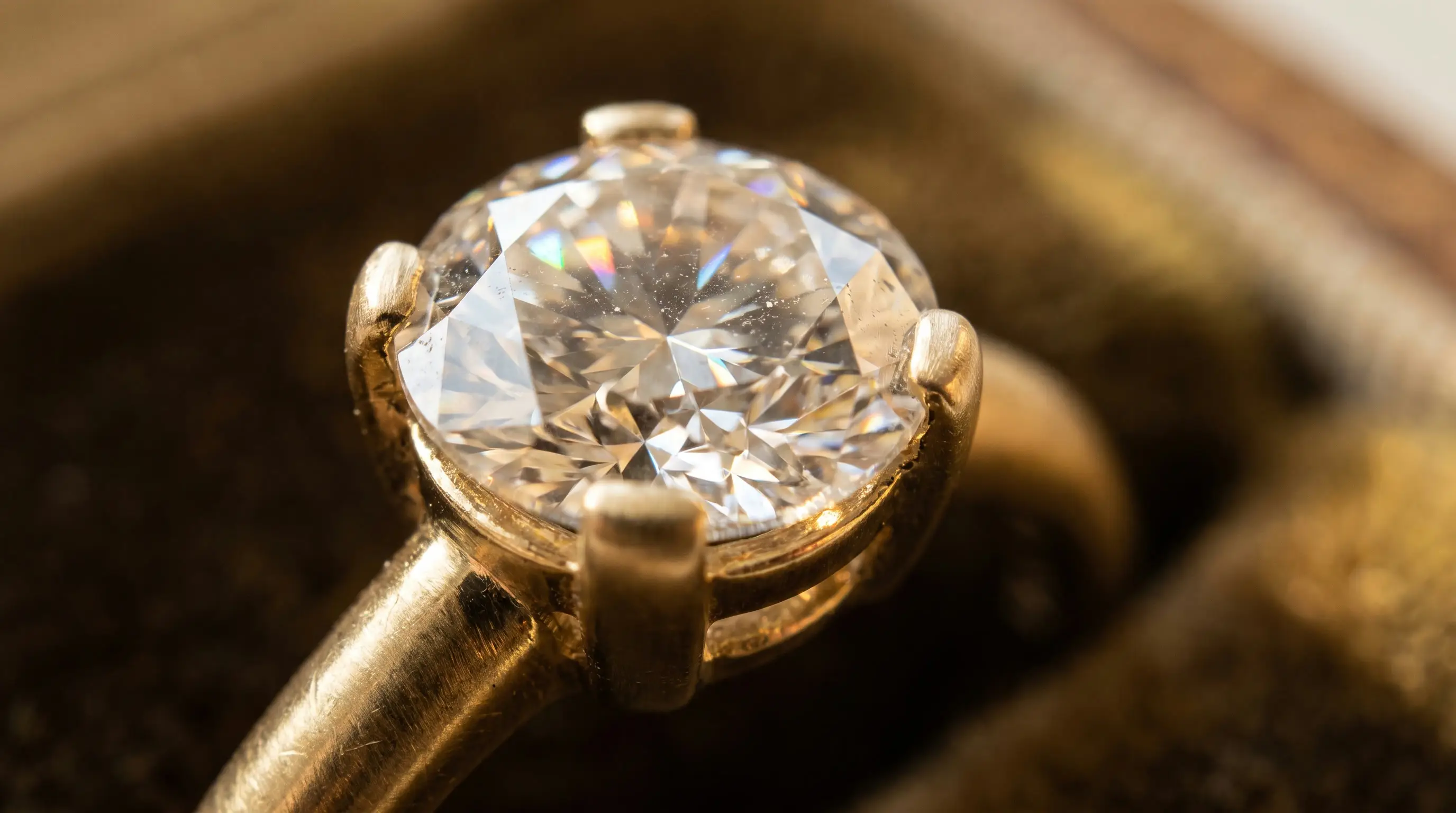 Extreme close-up of a round brilliant diamond held by hand-finished gold claws