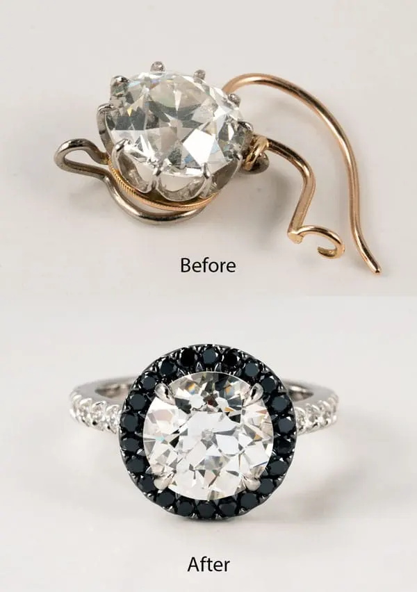 Before and after: an heirloom old-cut diamond re-set into a black diamond halo engagement ring