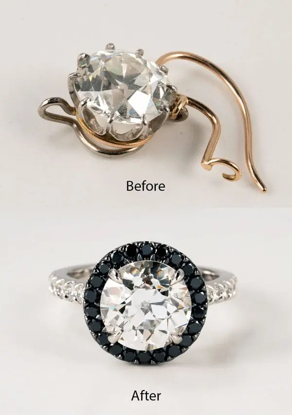 Before and after: an heirloom old-cut diamond re-set into a black diamond halo engagement ring