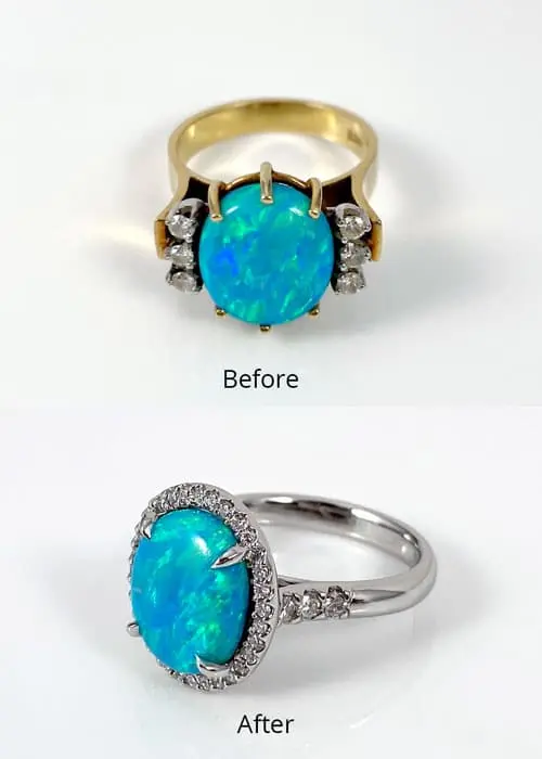 Before and after: a yellow gold opal ring remodelled into a diamond halo design
