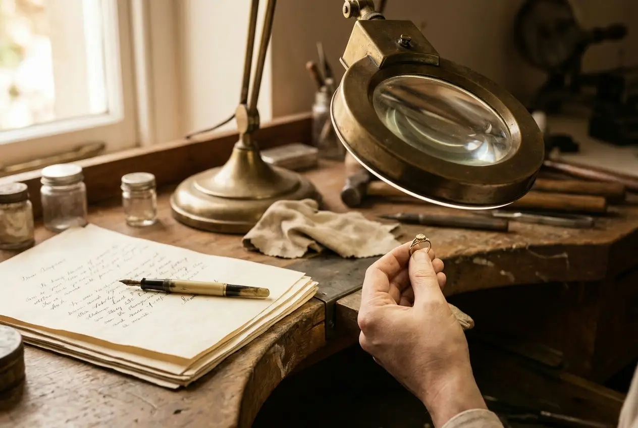 Ring being assessed under magnification with written notes beside it