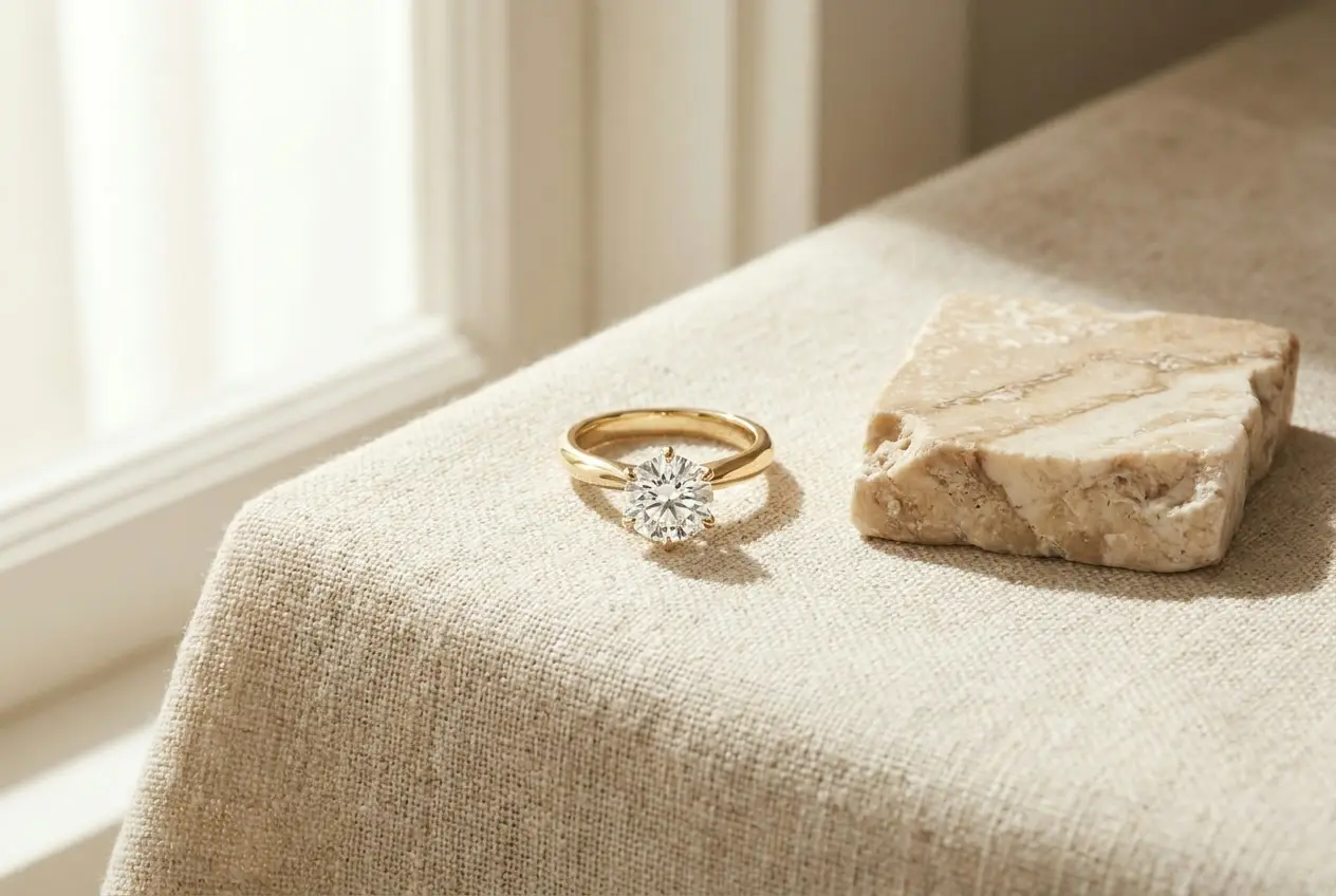 Finished engagement ring photographed close up on neutral linen in natural light