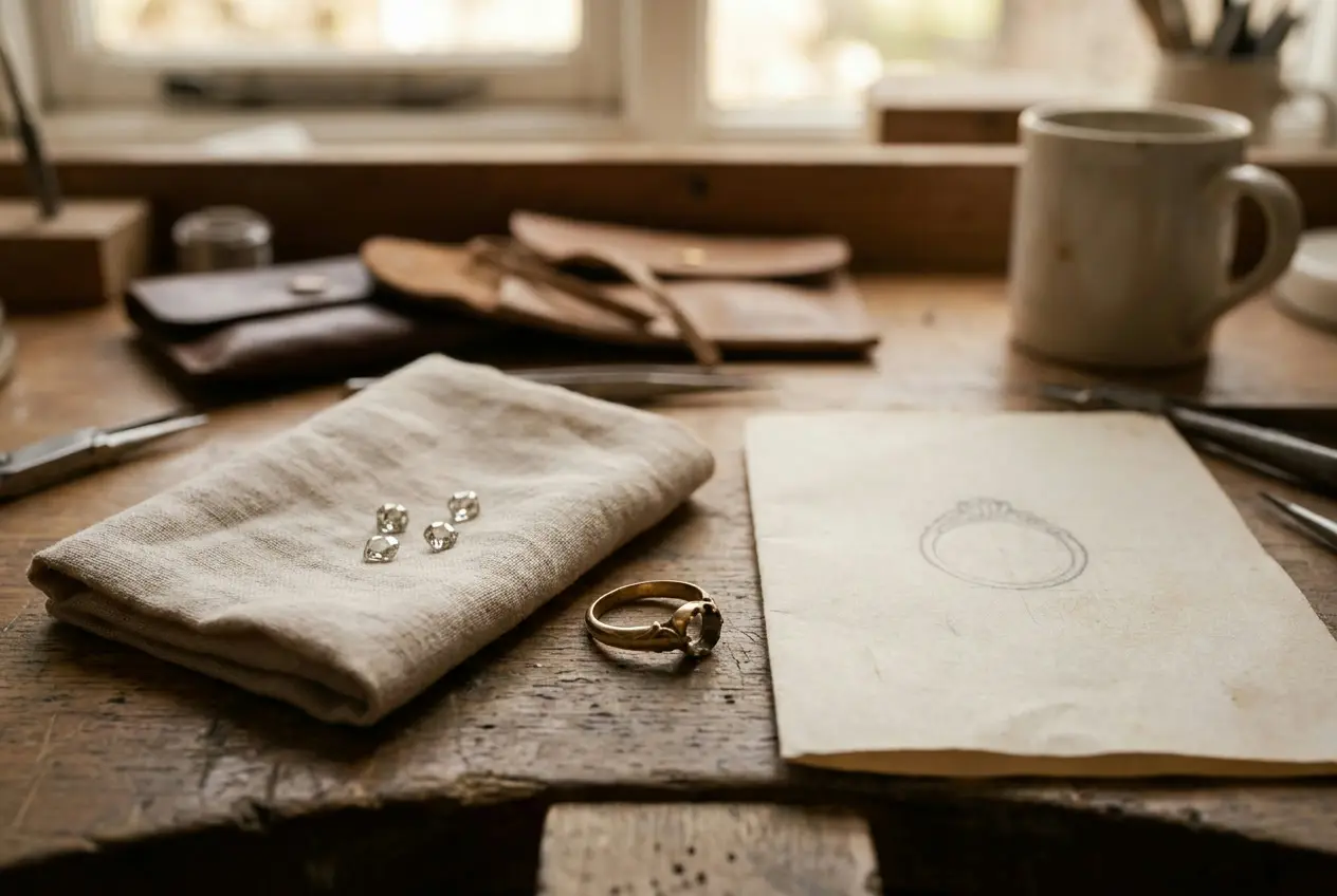 Heirloom stones and an old ring setting on the bench beside a sketch of the new design