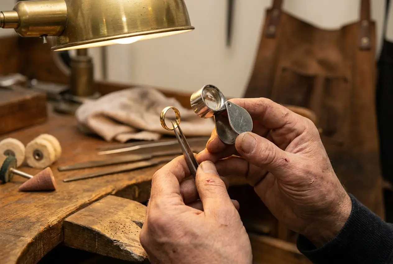 Ring being inspected under a loupe with tweezers on the workshop bench