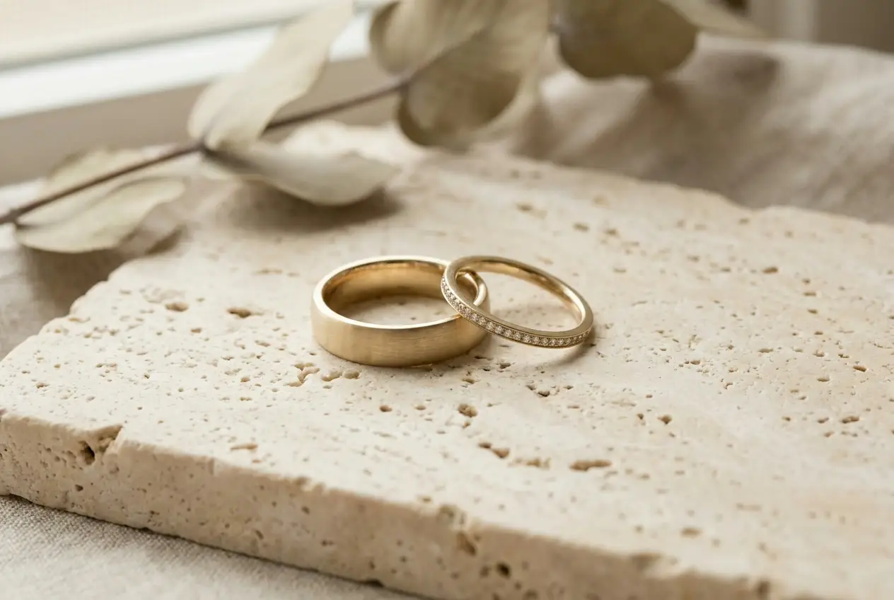 A pair of yellow gold wedding bands resting together on warm travertine stone